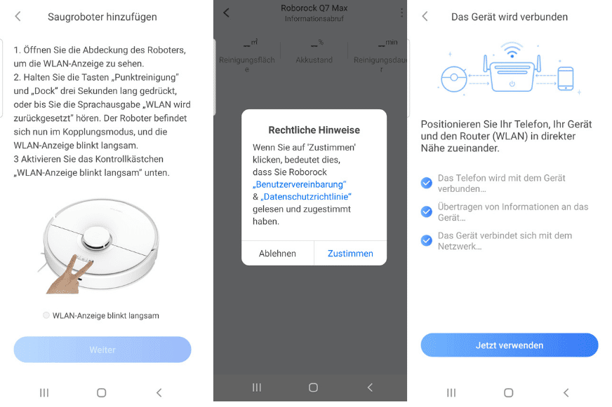 Die einzelnen Schritte zur Herstellung einer WLAN-Verbindung werden in der Roborock S7 MaxV Ultra App angezeigt